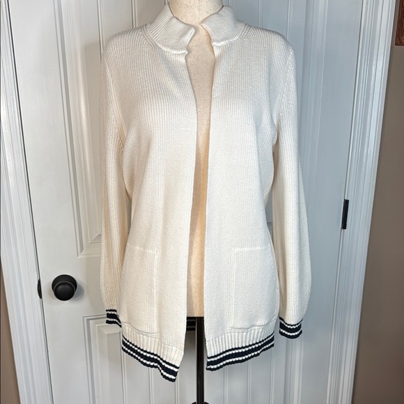 Lou & Grey Open Front Cardigan Sweater  white/Navy Sz L NWOT - Picture 1 of 12